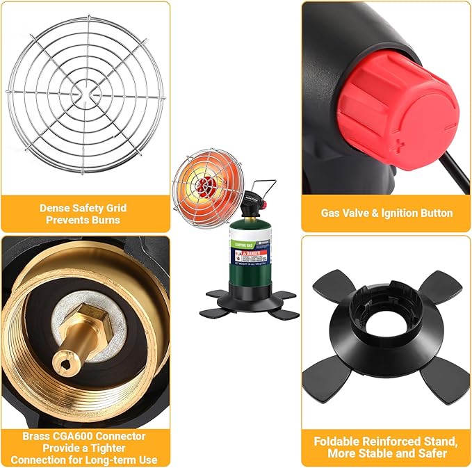Portable Propane Heater for Camping,9,200BTU Small Outdoor Patio Garage Heater,Self-Ignition,with Foldable Gas Cylinder Holder for Tent Hiking Ice Fishing Hunting(Fuel Cylinder not included)