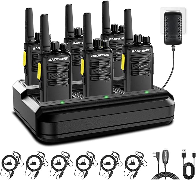 BAOFENG BD-V12B Radio 6 Pack Long Range Walkie Talkies for Adults, Portable FRS Two-Way Radios Rechargeable, with 6 Way Gang Charger,Earpiece,Typc-C Charging for School,Restaurant,Men,Birthday Gifts