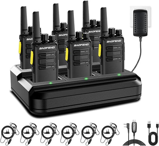 BAOFENG BD-V12B Radio 6 Pack Long Range Walkie Talkies for Adults, Portable FRS Two-Way Radios Rechargeable, with 6 Way Gang Charger,Earpiece,Typc-C Charging for School,Restaurant,Men,Birthday Gifts