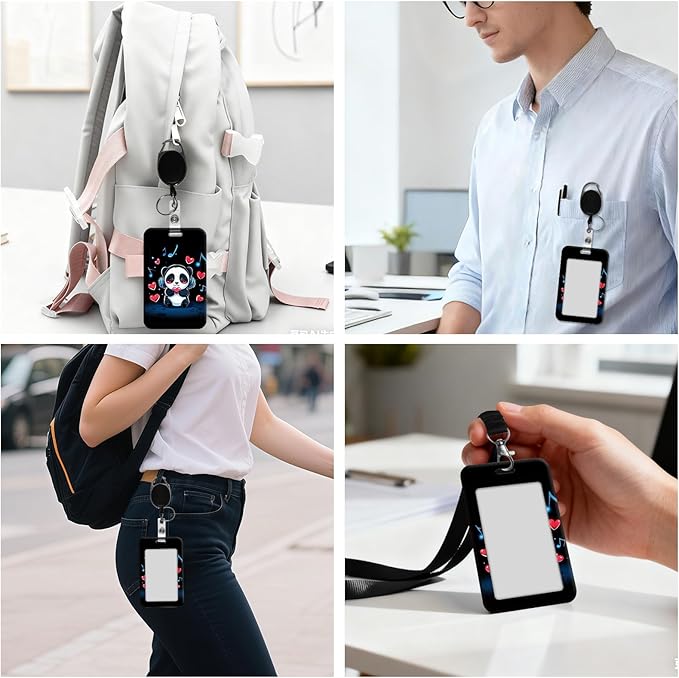 ID Badge Holder with Retractable Lanyard for Women & Men,Vertical ID Card Holder Wallet,Clear Window&Card Slot,Detachable Neck Strap for Nurse Teacher Office,Cute Pandas