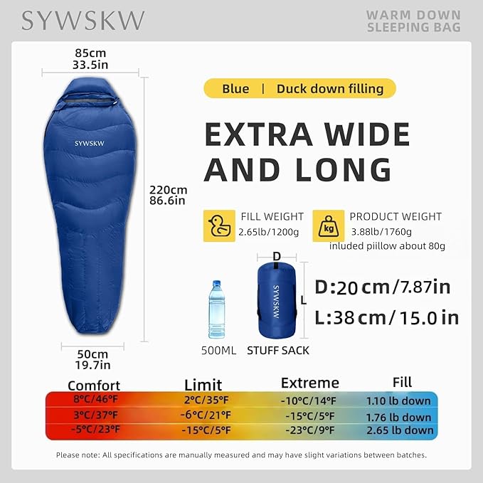 Down Sleeping Bag with Pillow for Backpacking,15℉ 5℉ 0℉ Wide Down Sleeping Bag (86.6 in x 33.5 in) for Adults,Teens,Youth Camping and Hiking Outdoor with 680FP Duck Down