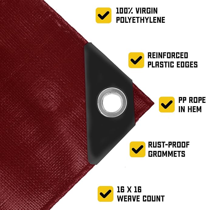 Core Tarps Extreme Heavy Duty 20 Mil Tarp Cover, Waterproof, UV Resistant, Rip and Tear Proof, Poly Tarpaulin with Reinforced Edges for Roof, Camping, Patio, Pool, Boat (Maroon/Black 10′ X 20′)