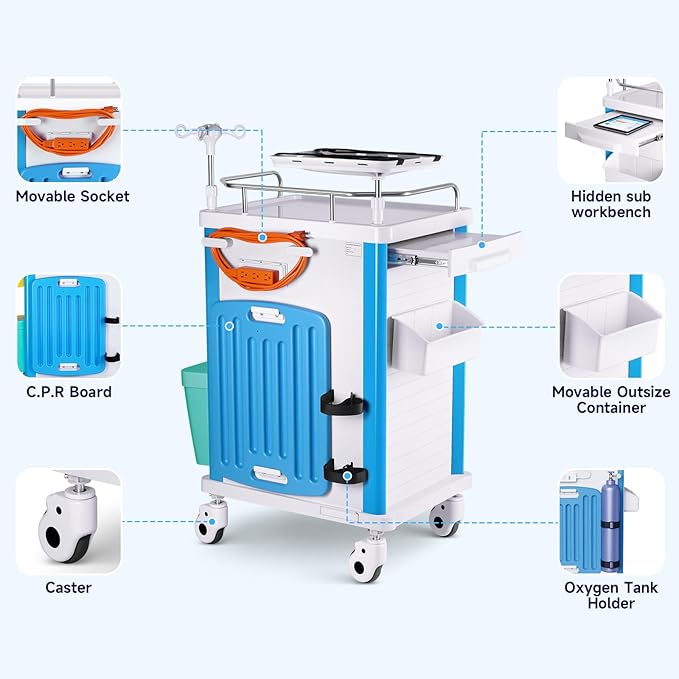 Medical Carts with Wheels, 5-Tier Storage, Adjustable IV Pole, Silent Casters, Trash Bins, O2 Holder, Needle Disposal Holder & CPR Board, Rolling Medical Cart for Hospital Salon Lab Clinic