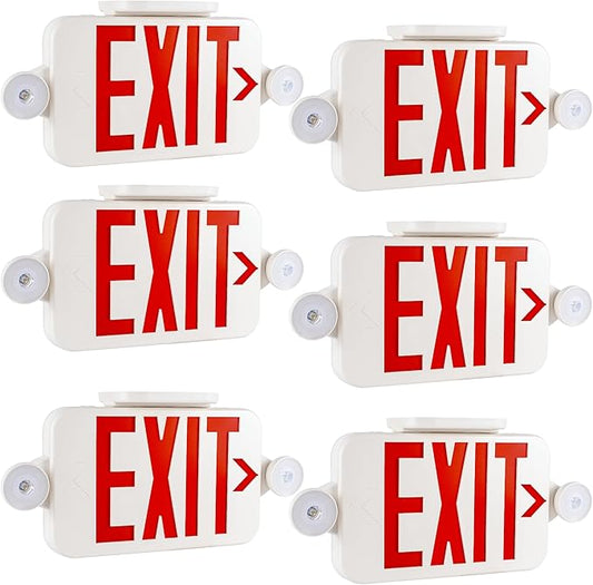 Gruenlich LED Exit Sign Combo with Emergency Lights, Adjustable Heads, Battery Backup, UL 924 Qualified, AC 120-277V, Commercial Emergency Exit Light for Business- 6 Pack