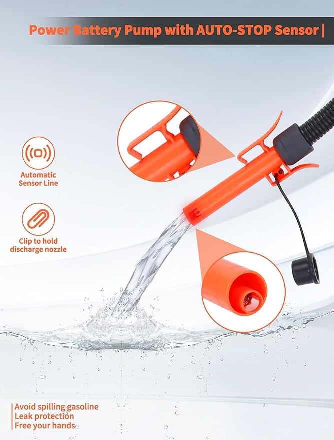 Fuel Transfer Pump with Auto-Stop, 2.8 GPM, Portable Power Battery Pump for Gas, Gasoline Siphon Pump, Gas Pump, Telescoping Gas Can Pump Battery Operated, 51" Long Transfer Hose, Siphon Pump