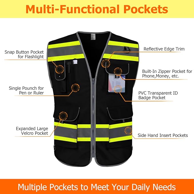 TCCFCCT Safety Vest 9 Pockets High Visibility Reflective Safety Vest for Men Women, Hi Vis Work Vest with Fluorescent Yellow Extend Edge for Workers, Surveyors, Meets ANSI/ISEA, (DB-Black, 3X-Large)