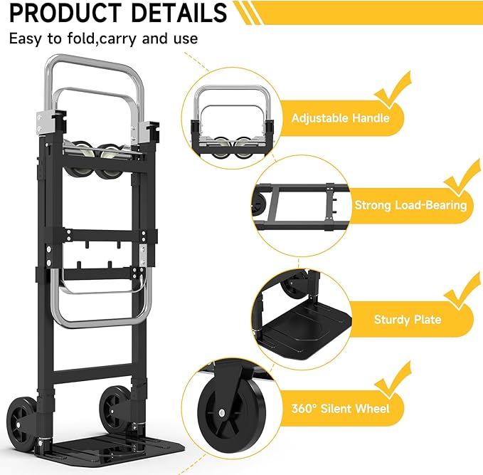3-in-1 Heavy Duty Folding Hand Truck, 500LB Capacity Convertible Steel Dolly Cart with 360° Swivel Wheels & Telescopic Handle, Foldable Utility Wagon for Moving, Warehouse and Shopping