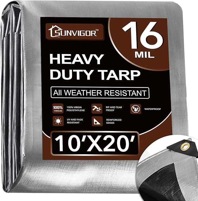 Tarp 10x20FT, Extra Thick 16Mil Heavy Duty Waterproof Tarps with Brass Grommets and Reinforced Edges, Tear & Fade Resistant, 100% UV Blocking Outdoor Tarp for Roof Camping Pool Boat (Silver/Black)