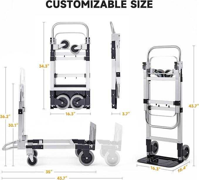 CREWORKS 3 in 1 Convertible Hand Truck Dolly with Brakes,Heavy Duty Folding Hand Truck with 600LB Capacity,Portable Dolly Cart with Rubber Wheels and Telescoping Handles for Moving