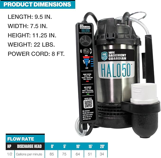 WAYNE HALO50 Smart Sump Pump – ½ HP Stainless Steel Basement Protection Pump, Up to 5,100 GPH – Digitally Connected Flood Protection with App Monitoring – Quiet Operation