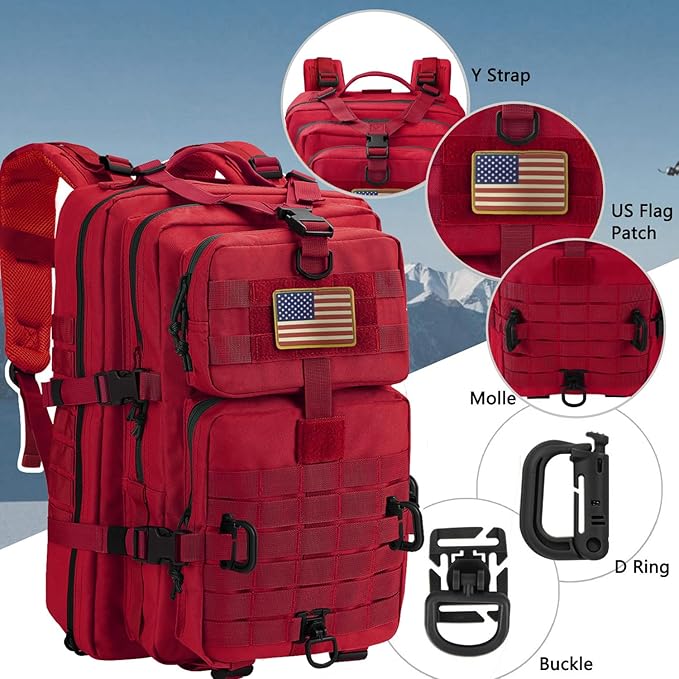 MOLLE Assault Backpack, Tactical Backpack Military Army Camping Rucksack, 3-Day Pack Trip w/USA Flag Patch, D-Rings, Red