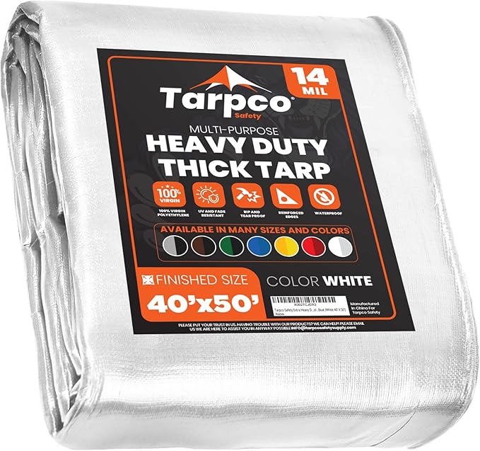 Tarpco Safety Extra Heavy Duty 14 Mil Tarp Cover, Waterproof, UV Resistant, Rip and Tear Proof, Poly Tarpaulin with Reinforced Edges for Roof, Camping, Patio, Pool, Boat (White 40′ X 50′)