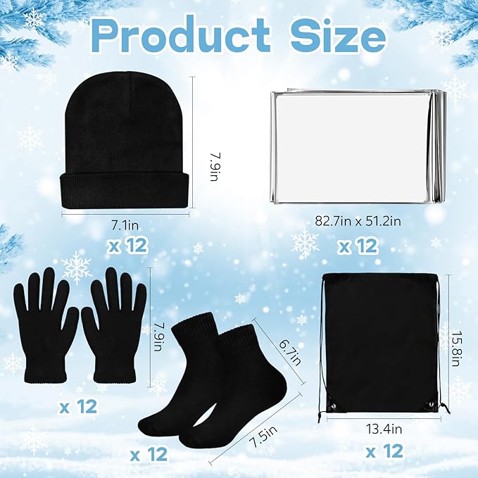 60 Pcs Homeless Care Package Supplies Winter Beanie Gloves Sock Drawstring Bags Emergency Blankets for Men Women