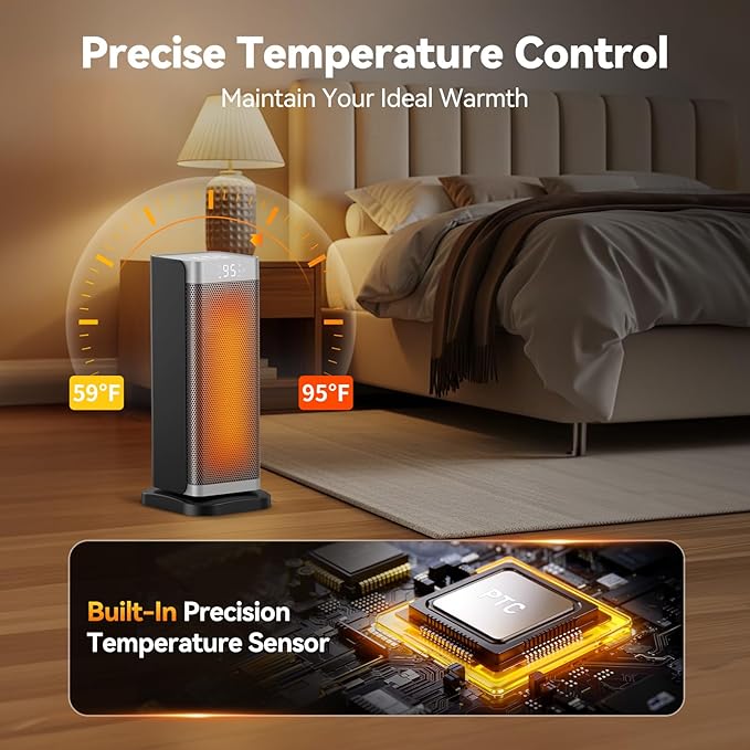 Space Heaters for Indoor Use, 1500W Electric Heater with Thermostat, 70° Oscillation, Remote Control, 3 Modes, 12H Timer, Portable Heater for Bedroom, Office, Home