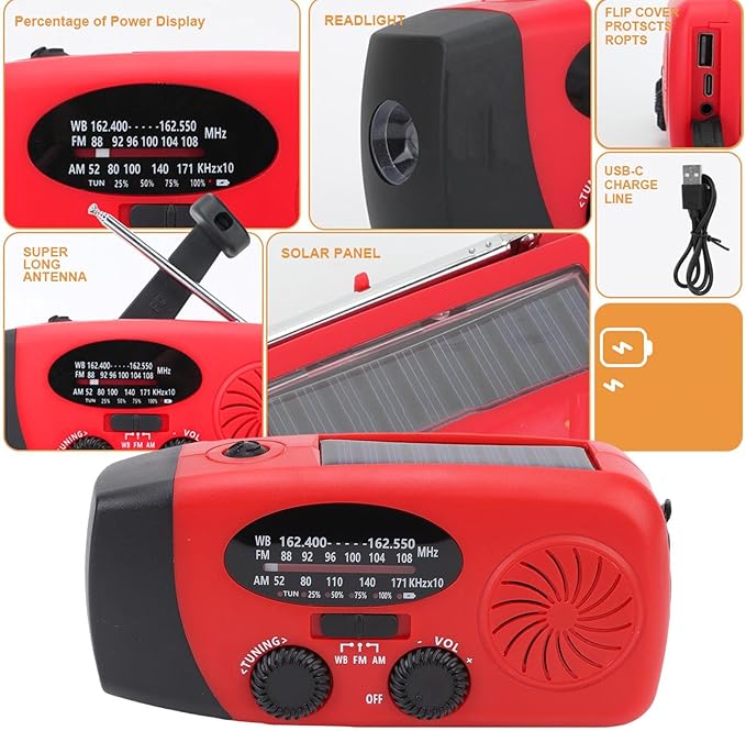 Zunate Emergency Weather Radio AM FM NOAA WB with 2000mAh Power Bank, Solar Hand Crank Portable Radio with LED Flashlight for Camping Hiking Storms