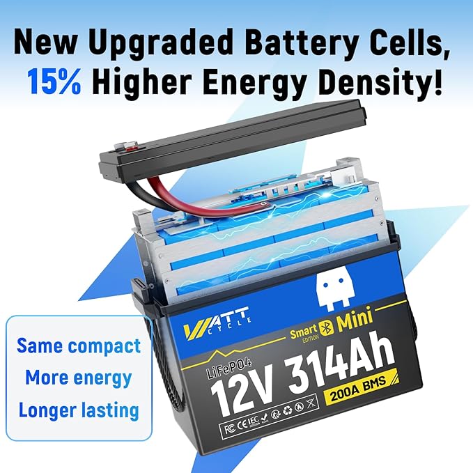 Wattcycle 12V 314Ah (300Ah) Mini LiFePO4 Lithium Battery - 15,000 Cycles, Bluetooth 5.0, 200A BMS, Aluminum Fins for RV, Marine, Solar, Lightweight 12v Lithium Battery (4 Packs)