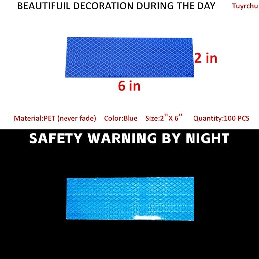 Non Fading Blue Reflective Stickers 2 inch X 6 inch, Outdoor Waterproof High Visibility Warning Safety Adhesive Reflector Tape (100 Pcs)