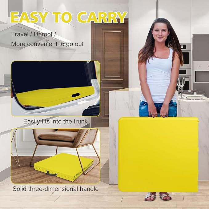 Portable 4Ft Adjustable Height Plastic Folding Table, Heavy Duty Fold-in-Half Table with Carrying Handle, Small Utility Foldable Table for Picnic Party Camping BBQ, Indoor/Outdoor (Yellow)
