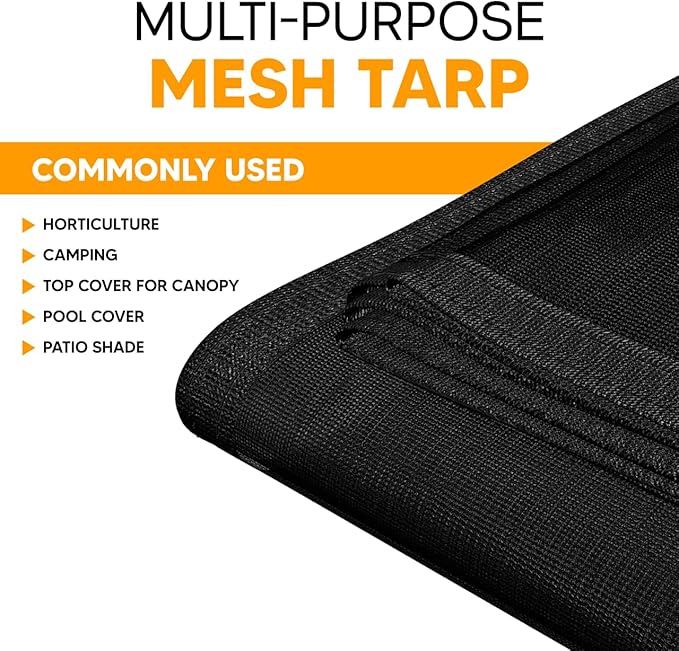 UV Resistant Black Mesh Tarps 20' x 20' - Rip & Tear Proof Resistant Polyethylene Mesh for Plant Garden, Greenhouse House Patio, Car, Truck, Boat or RV, 70% Sunblock Shade