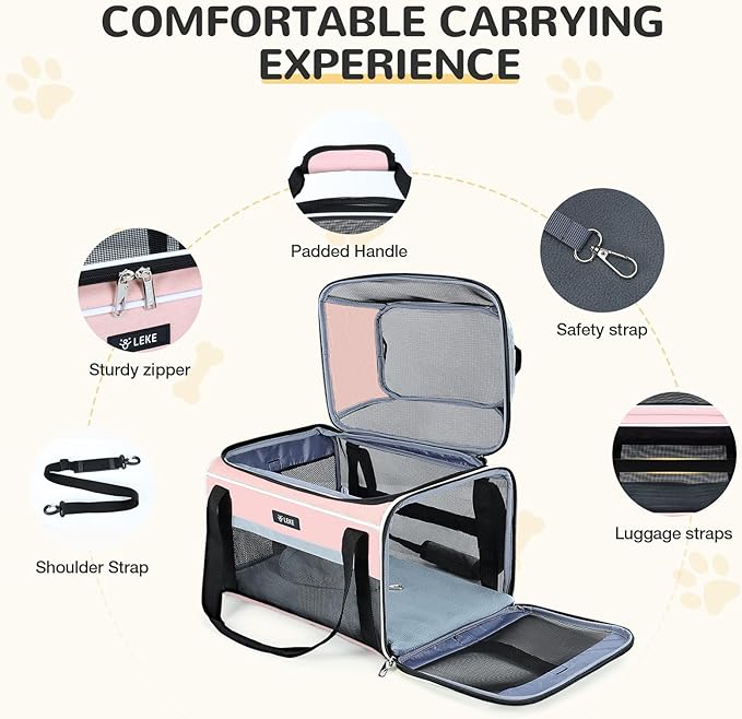 Lekereise Top-Expandable Pet Carrier 17x11x9.5 Inch Alaska Hawaiian Airline Approved Soft Sided Underseat to 12lbs Travel Carriers for Small Cats and Dogs with Locking Safety Zippers Anti-Scratch Mesh