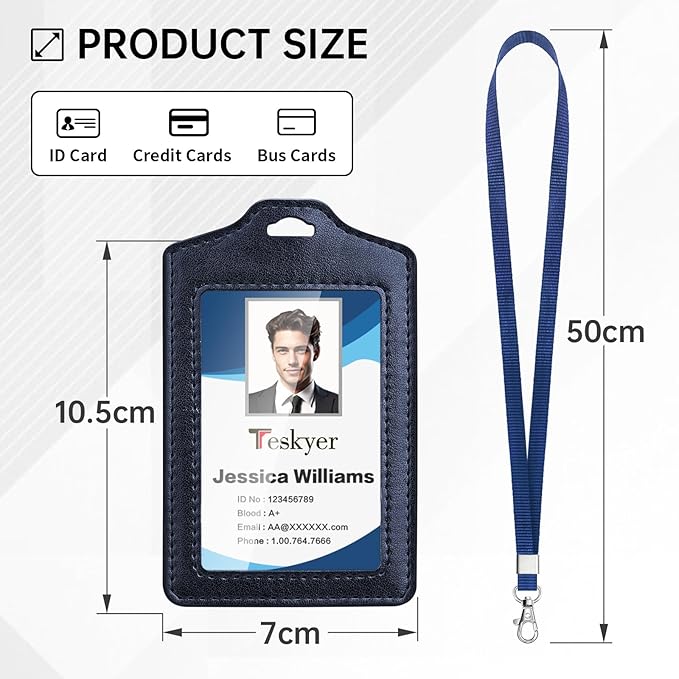 Teskyer 2 Pack Double Sided Clear Badge Holder with Lanyard, PU Leather ID Badge Name Card Holder with Stainless Steel J-Hook Nylon Lanyard for Work, School, Metro, Access, Blue