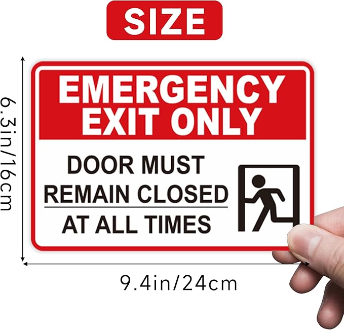 Emergency Exit Only Signs Sticker，Self Adhesive UV, Weather, Scratch, Water & Fade Resistant Door Must Remain Closed At All Times sign for Business, Schools, Offices, Storage Rooms, Hospitals