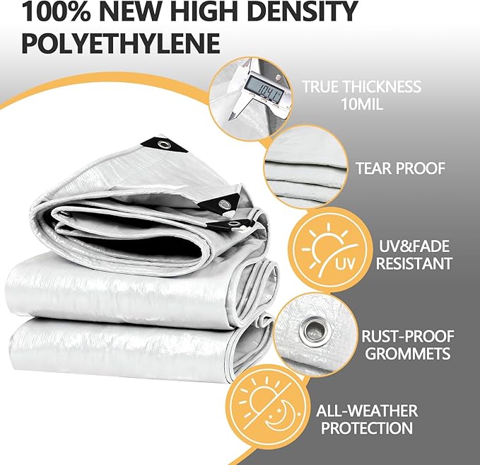16 Mil Ultra Thick 8x10 Ft Small Tarps Heavy Duty Waterproof, High Durability Multipurpose Cover with Metal Grommets and Reinforced Edges, Uv Resistant White Tarp for Firewood, Bicycles Etc.