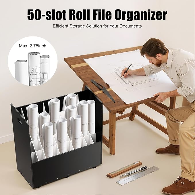 Blue Print Storage Organizer, 50 Slot Mobile Roll File Cart, Construction Plan Holders, Blueprint Cabinet with Wheels for Office Home Library