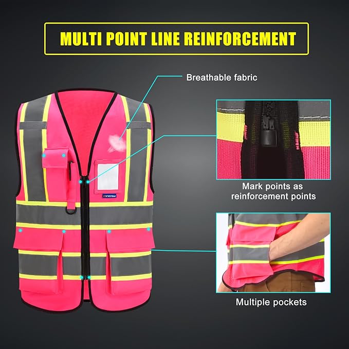 AYKRM Security Vest for Men Women 7 Pockets High Visibility Reflective Safety Vest Front Zipper Meets ANSI/ISEA