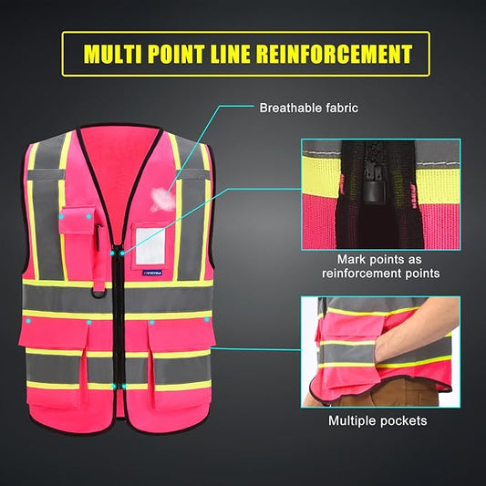 AYKRM Security Vest for Men Women 7 Pockets High Visibility Reflective Safety Vest Front Zipper Meets ANSI/ISEA