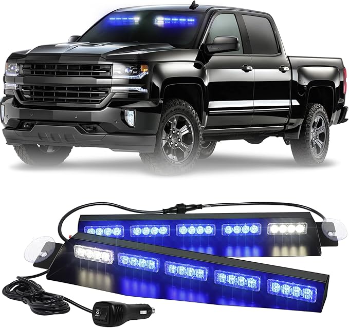 XRIDONSEN 34 inch Blue Emergency Visor Lights Bar Interior Front Windshield Strobe Lights 40 LED Warning Safety Flashing Hazard Light w/White Take Down for firefighter Police Vehicles Trucks