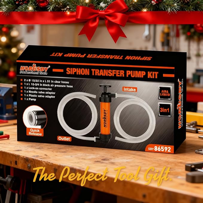 HORUSDY Multi-Use Siphon Transfer Pump Kit Hand Fuel Pumps for Gas Oil Water with Air Hose, Portable Manual Fuel Transfer Pump for Boat, Car, RV, Emergency, Lawn Mower Fluid Drainage