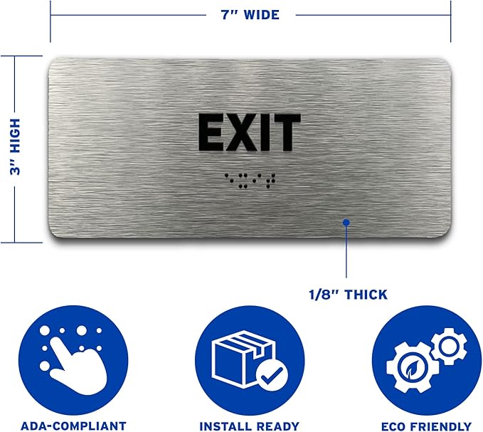 Exit Identification Sign - ADA Compliant Sign, Raised Icons, Raised Braille, Brushed Black, TCO Inspection Certified (7"W x 3"H) - by GDS - Made in USA