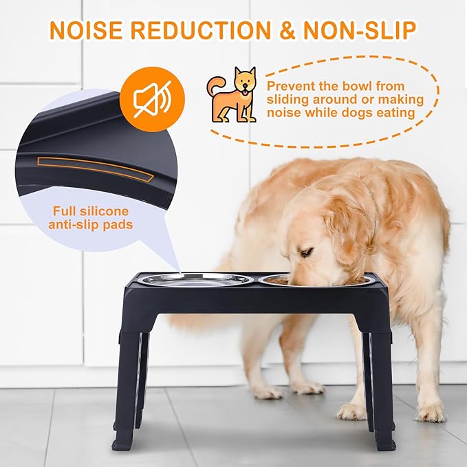 Elevated Dog Bowls - Raised Stand with 2 Stainless Steel and 1 Slow Feeder Bowl, Adjustable 5 Heights for Medium Large Dogs, Non-Slip, Black