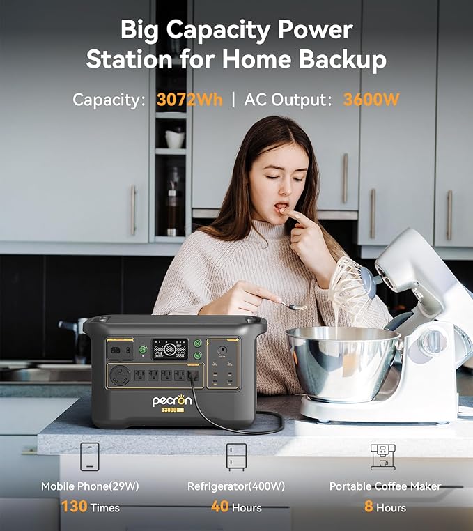 Pecron Portable Power Station F3000LFP with 300W Solar Panel*2, 3072Wh Solar Camping Generator can expand to 9216Wh, 3600W Solar Generator for RV, Home Use, CPAP