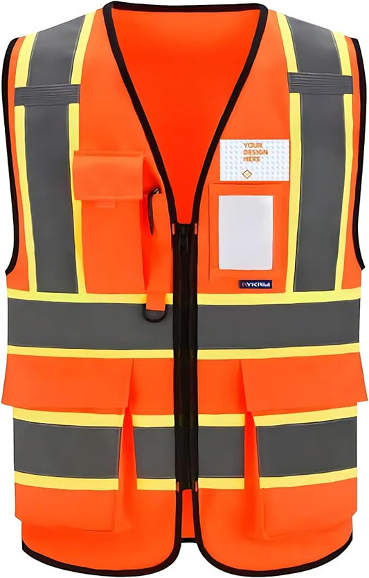 Custom Safety Vest Personalized Logo Hi Vis Class 2 Reflective Multi Pocket Zipper Construction Work Vest