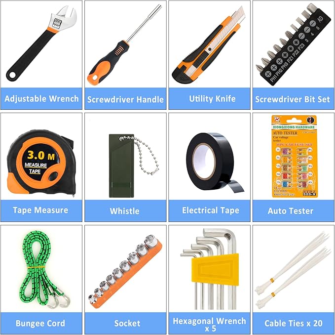 AUTODECO 82Pcs Car Roadside Emergency Kit with Jumper Cable - Automotive Safety Kit with Shovel