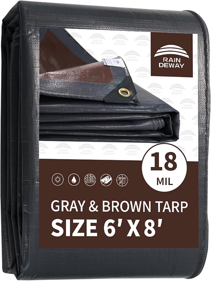 RAINDEWAY 6x8 Feet Super Heavy Duty Tarp, 18 Mil, UV Resistant, Weatherproof, Multipurpose Waterproof Poly Tarp with Grommets and Reinforced Edges, Gray/Brown
