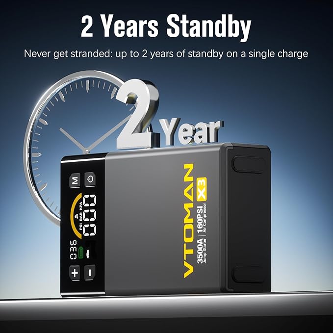 VTOMAN X3 Jump Starter with Air Compressor, 3500A Portable Car Battery Jumper Starter (9L Gas/8.5L Diesel Engines) with 160PSI Auto-Shutoff Tire Inflator, 12V Lithium Battery Booster Pack, Jump Box