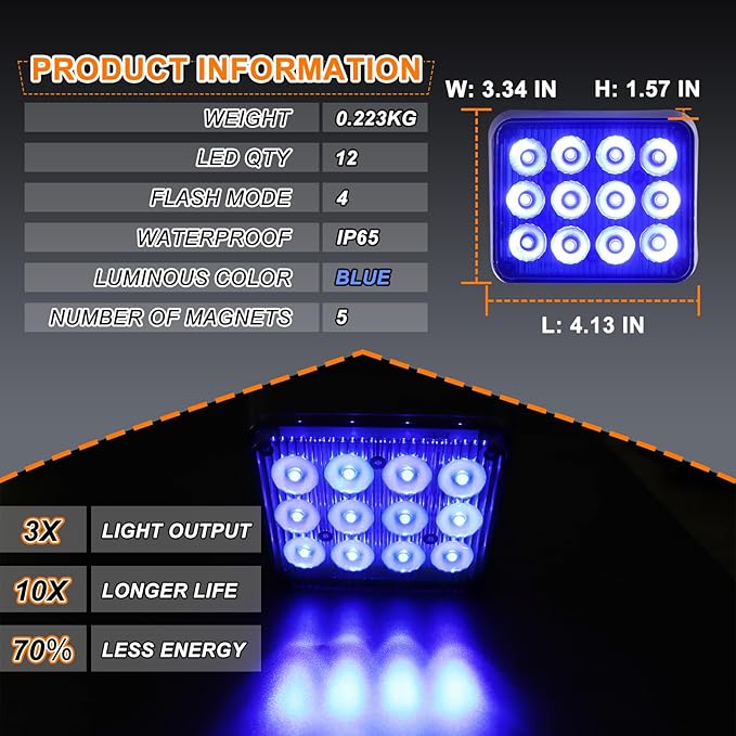 2PCS LED Wireless Magnetic Strobe Lights LED Blue Beacon Warning Emergency Light, Waterproof Surface Mount Flashing Rechargeable Strobe Light for 12V-24V Trucks Vehicles Police Cars ATV SUV