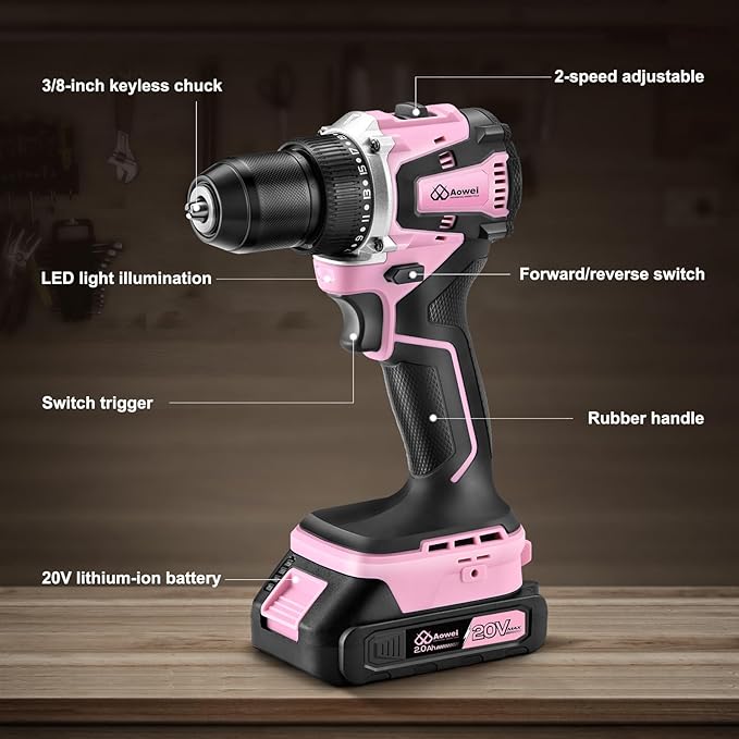 20V Yellow Brushless Cordless Drill Set (2-Piece) - Compact Power Drill Driver with 2.0Ah Battery, Power Drill Set with Battery and Charger & 3/8" Keyless Chuck,Pink