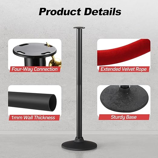 BATTIFE Plastic Stanchion Posts with Red Velvet Ropes and Weighted Rubber-Plastic Base, Crowd Control and Queue Management Barrier Poles for Party, Event, Red Carpet (2 Pack)
