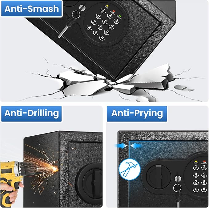 0.5 Cu ft Small Safe Box with Fireproof Waterproof Bag, Home Safe with Keys & Pass Code & Wall Mount Kits, Money Safe with Smart Alert System for Money, Jewelry, and Documents, 12.1''W×7.8''D×7.8''H