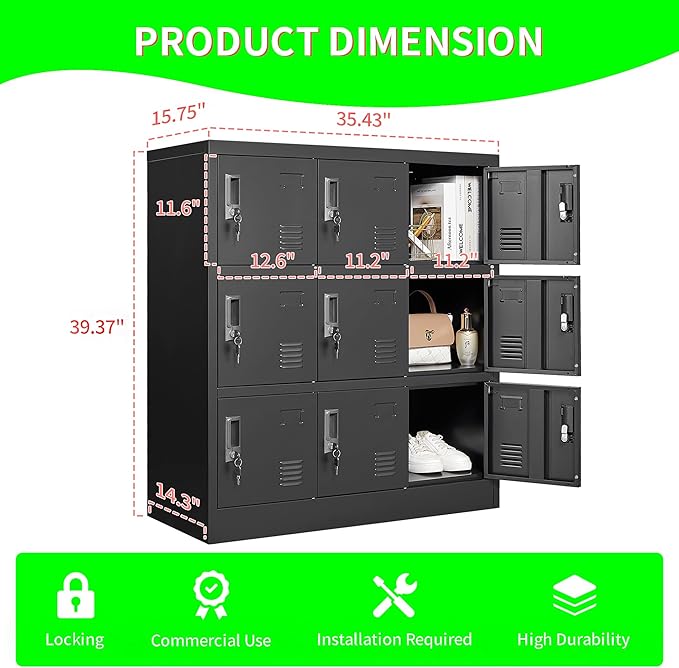 Metal Lockers for Employees 9 Doors,Office Storage Locker, Employee Steel Locker Cabinet with Lock,Staff Locker with Keys Storage Cabinet for Gym Home Office School Garage,Assembly Required