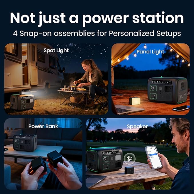 Portable Power Station, with Snap-on Light, Speaker & Charger, 800W Solar Generator, 512Wh Outdoor Power supply for Camping RV hiking, 100W USB-C Output, 3 AC Outlets