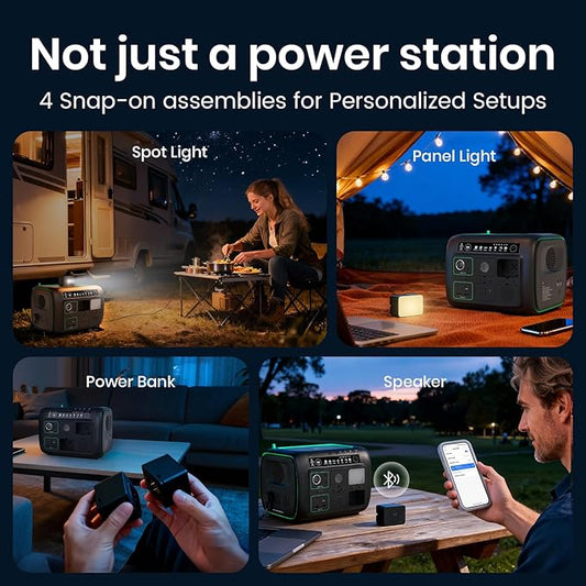Portable Power Station, with Snap-on Light, Speaker & Charger, 800W Solar Generator, 512Wh Outdoor Power supply for Camping RV hiking, 100W USB-C Output, 3 AC Outlets