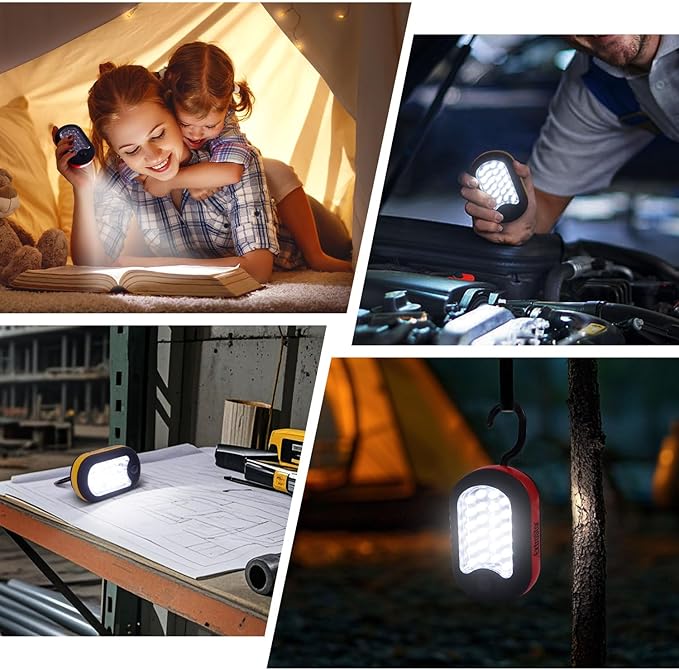 EXTRASTAR 3-in-1 LED Camping Light, Magnetic Work Light, Flashlight with Hook,120 Lumen. 2 Light Modes, Water Resistant, Battery Powered Light for Outdoor, Emergency, Garage, 2PCS