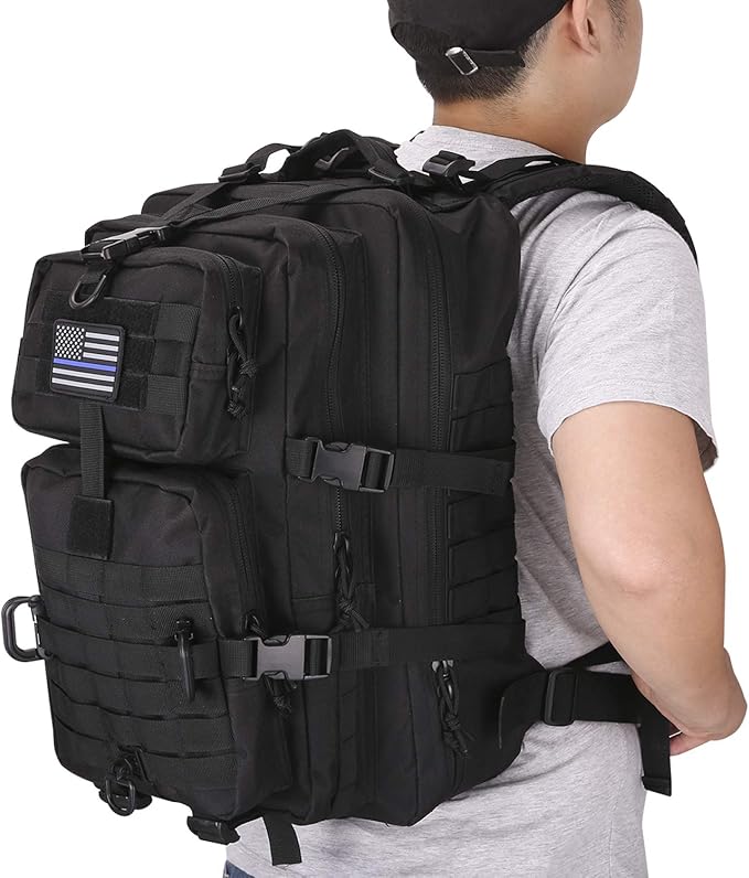 MOLLE Assault Backpack, Tactical Backpack Military Army Camping Rucksack, 3-Day Pack Trip w/USA Flag Patch, D-Rings, Black