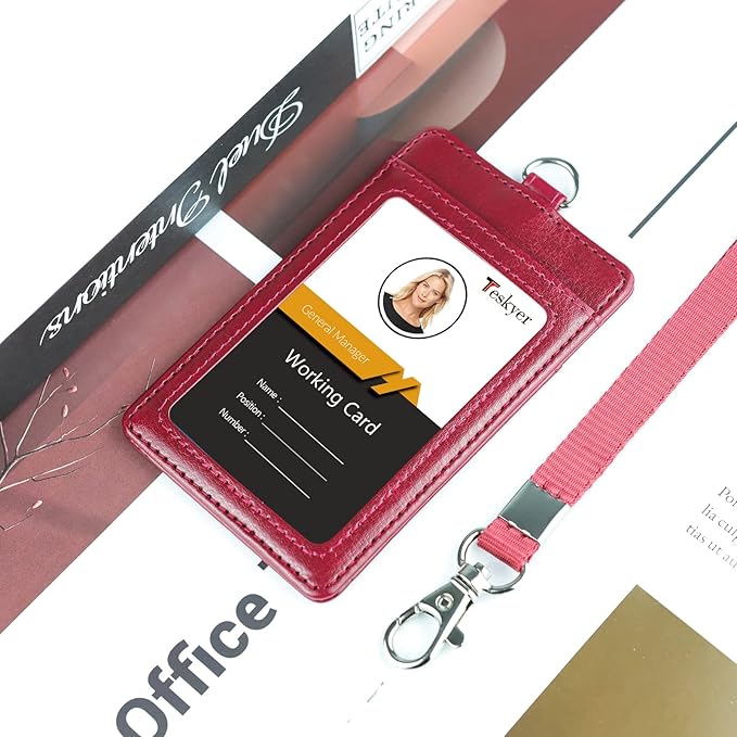 Teskyer Badge Holder with Lanyard, Leather ID Name Badge Card Holder with Lanyard for ID Badges, Vertical Wine Red