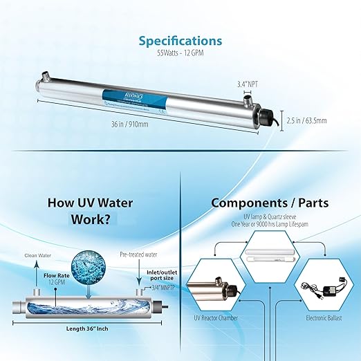Bluonics Ultraviolet Light UV Water Purifier Filter for Whole House Water Purification 12 GPM 55W 110V, 3/4" MNTP Inlet Outlet, 2 Extra Bulb, 1 Extra Ballast, 1 Extra Quartz Sleeve